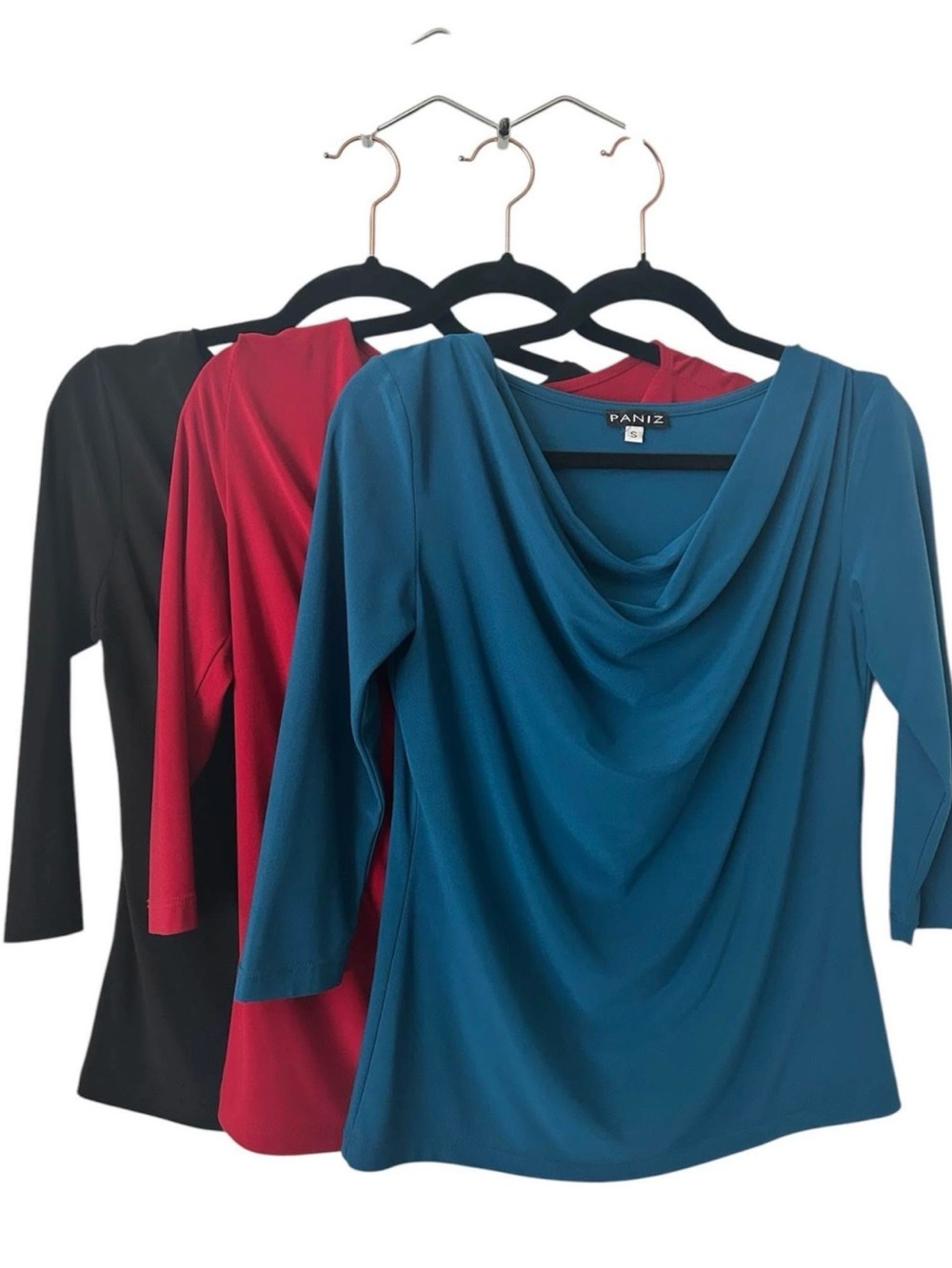 Paniz Draped Neck 3/4 Sleeve Jersey Tops in Teal, Red, Black